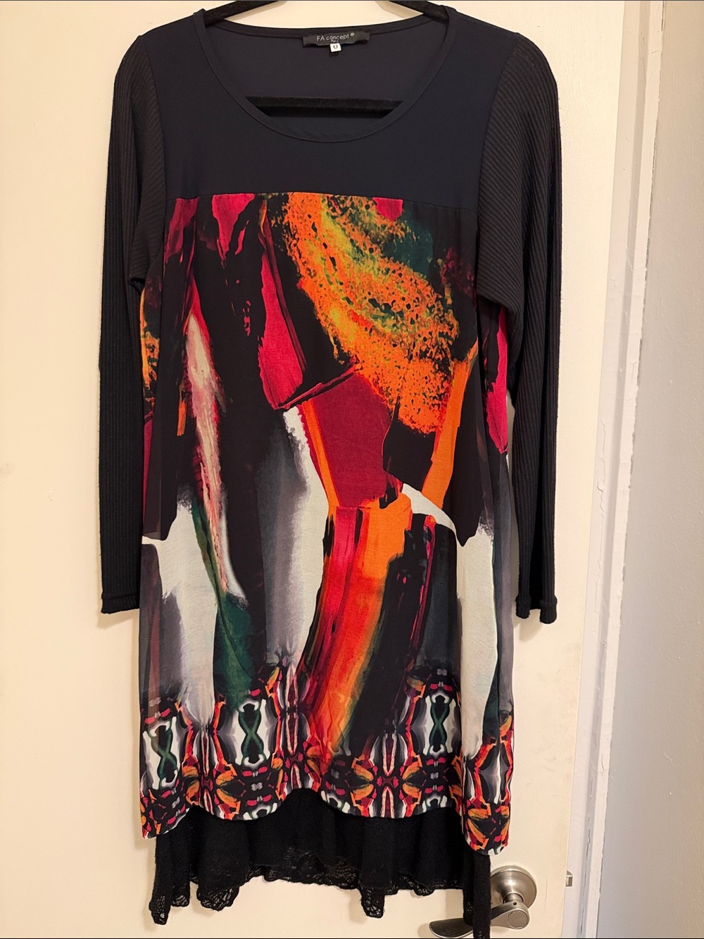 Parisian Boutique Abstract Dress with Lace Hem